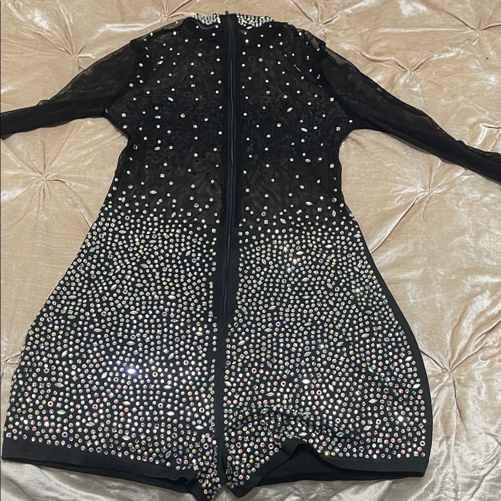 Black fishnet Rhinestone Embellished Long Sleeve Romper (watchale … Too HOTT!) - Picture 6 of 9